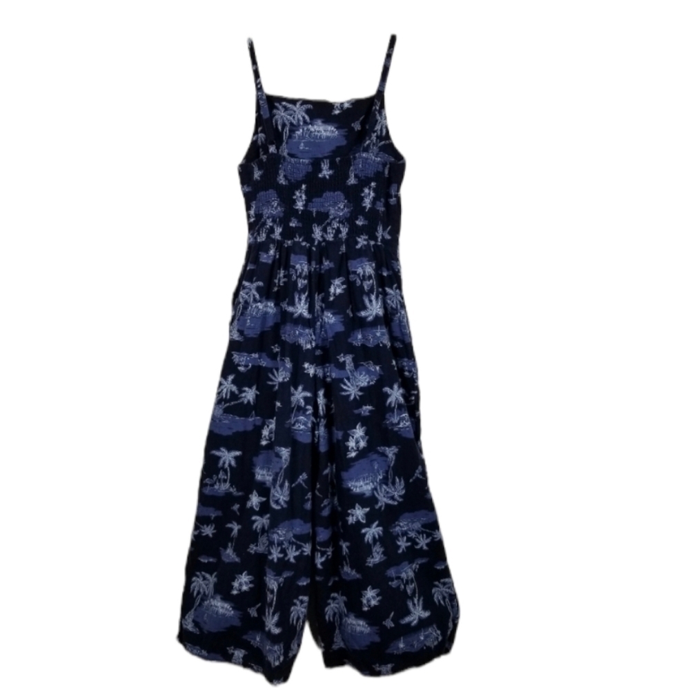 Romper Linen Smocked Wide Leg Cropped Pockets Blue Jumpsuit Scenic Print